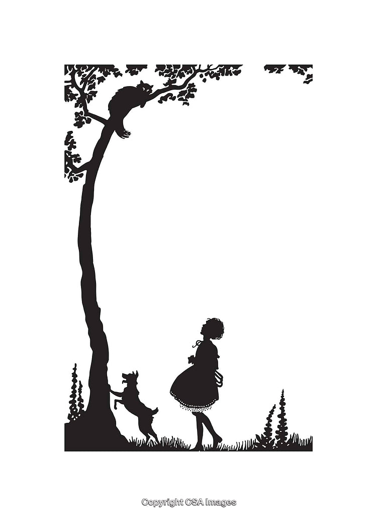 Silhouette Illustration of a Girl, Dog, and Cat in Nature