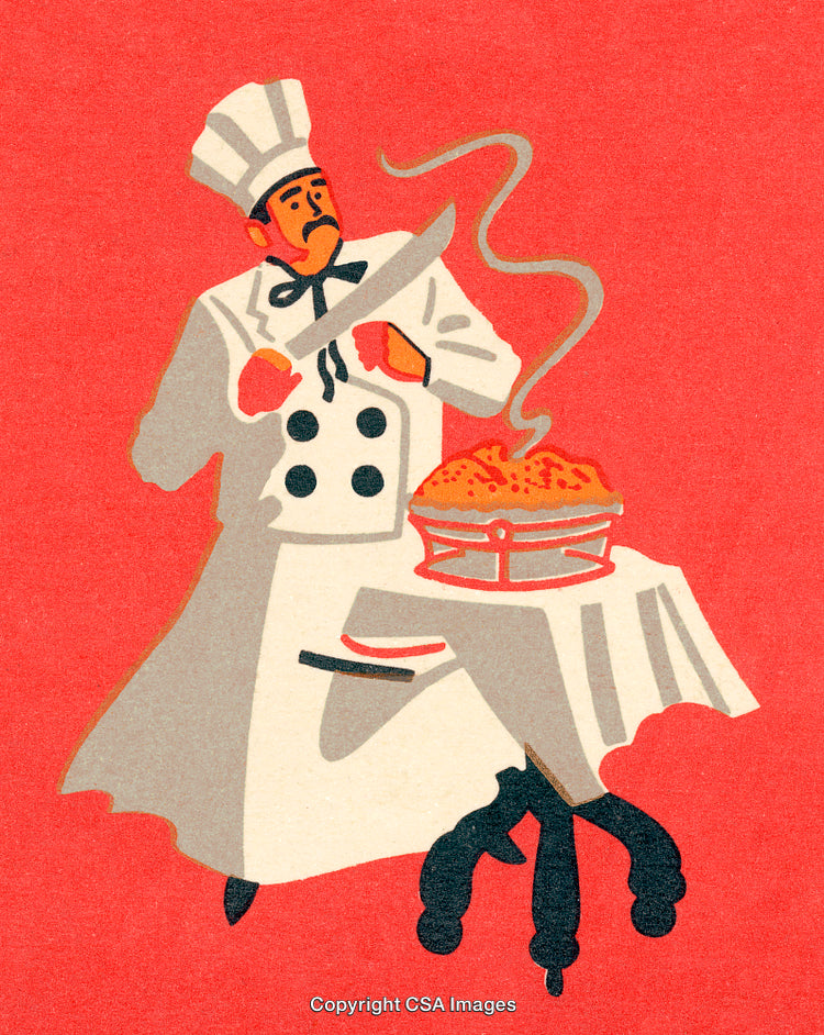 Retro Illustration of a Chef Holding a Knife Near a Freshly Baked Pie