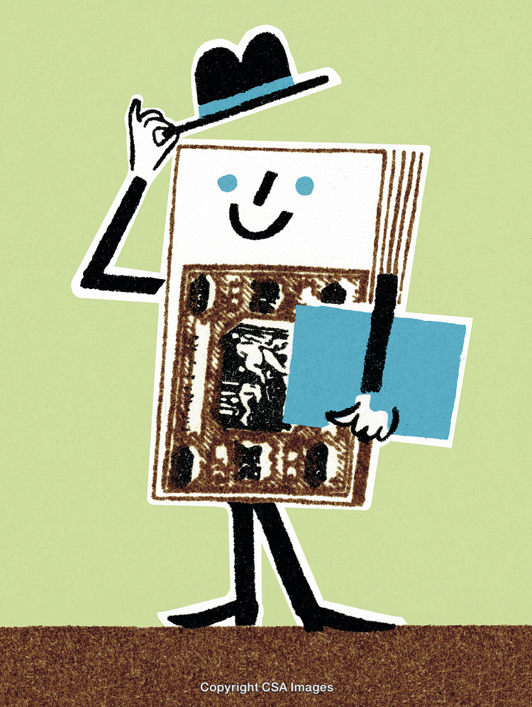 Cartoon of a Smiling Postage Stamp Character Tipping a Hat on Green Background