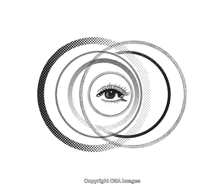 Black and White Illustration of Eye with Surreal Overlapping Circular Patterns