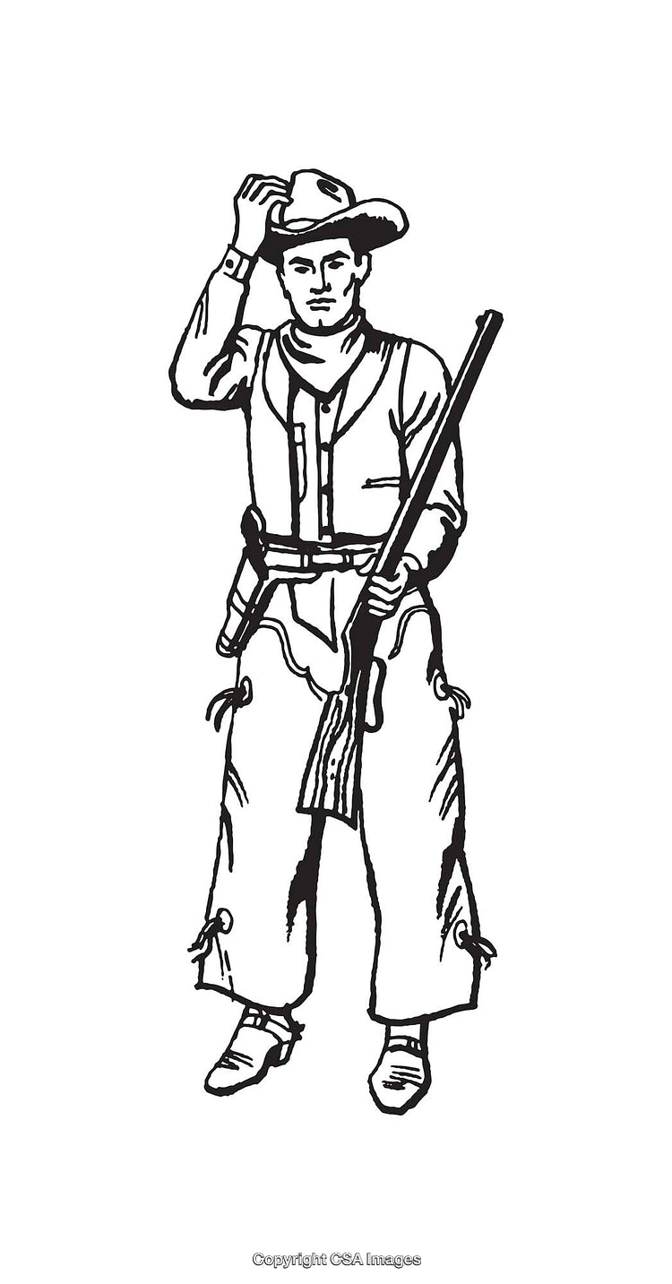 Black And White Line Art of a Cowboy Holding a Rifle in Rural Attire