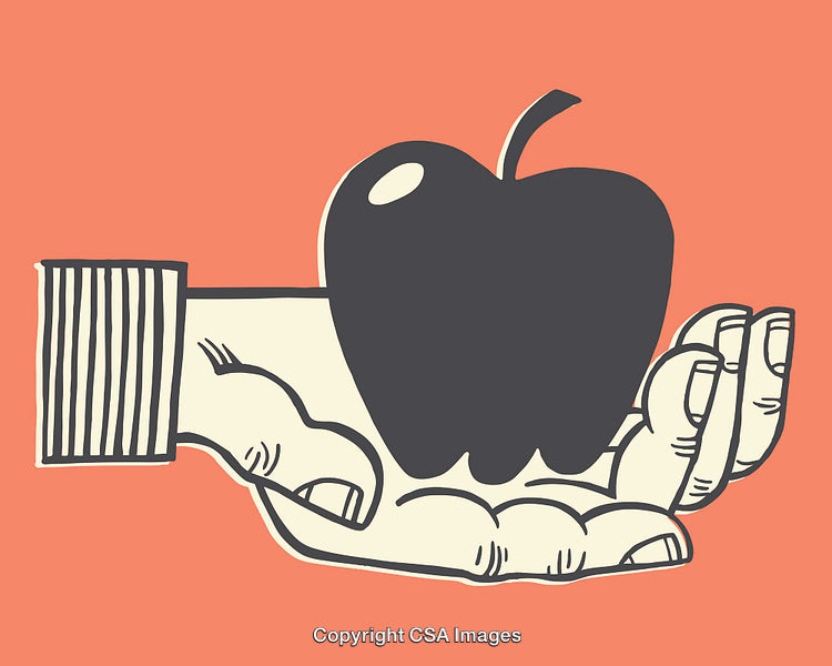 Minimalist Illustration of a Hand Holding a Dark Apple on Orange Background