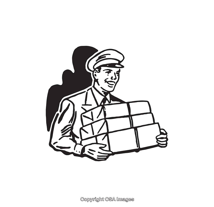 Vintage Postman Carrying Parcels Black and White Line Art Illustration