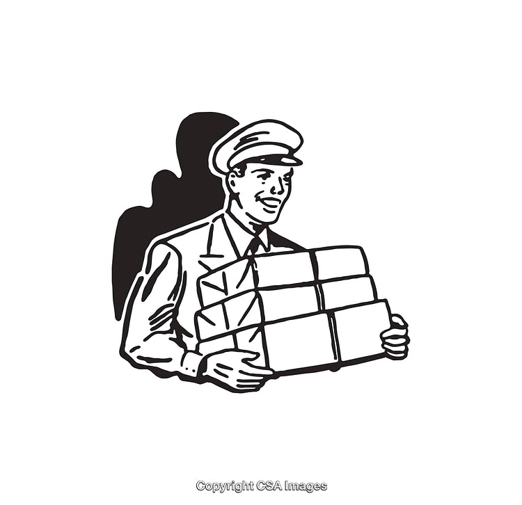 Vintage Postman Carrying Parcels Black and White Line Art Illustration