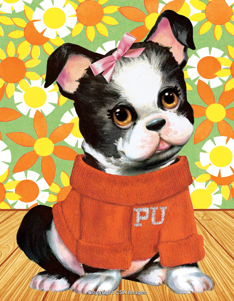 Adorable Puppy in Orange Sweater with Bright Flower Background