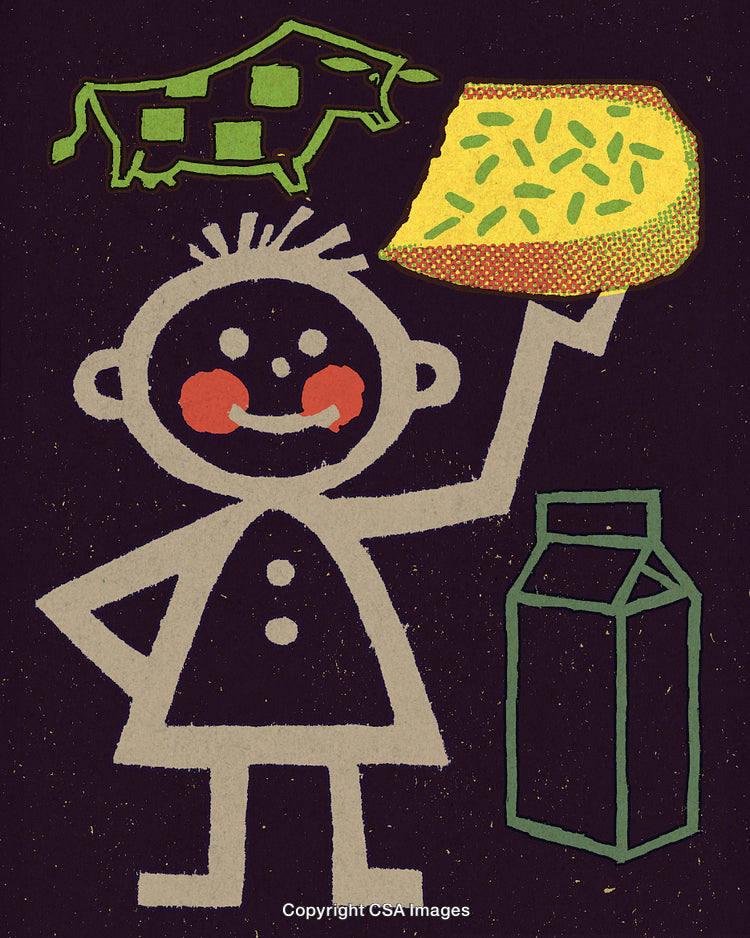 Playful Dairy-Themed Child Illustration with Cheese and Milk