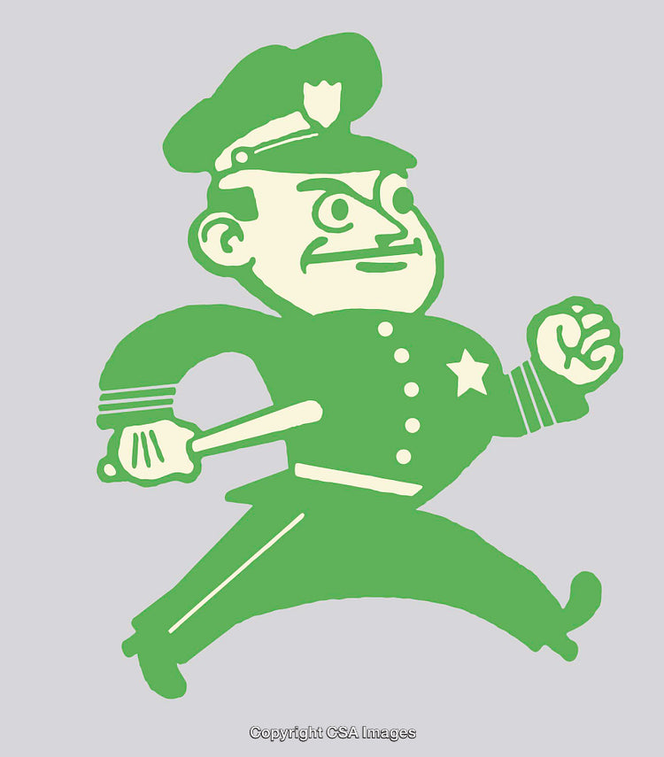 Cartoon Illustration of a Running Police Officer Holding a Baton