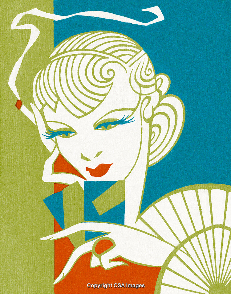 Stylized Vintage Illustration of a Smoking Woman with Retro Design Elements
