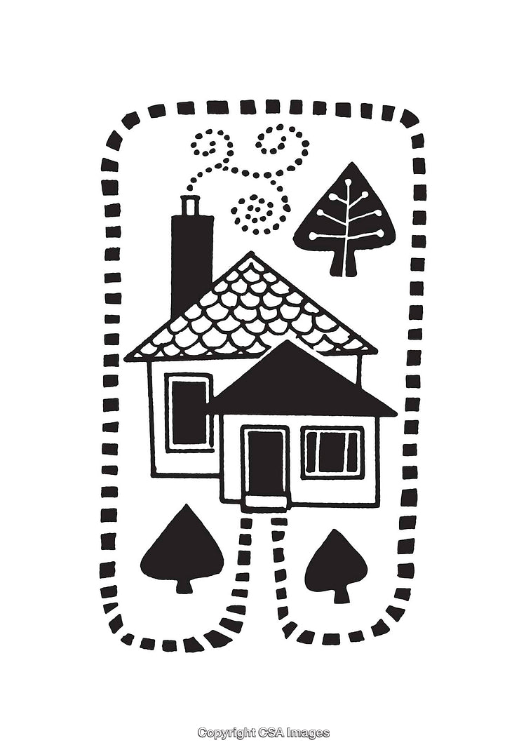 Simple Black and White Illustration of House with Trees and Dotted Border