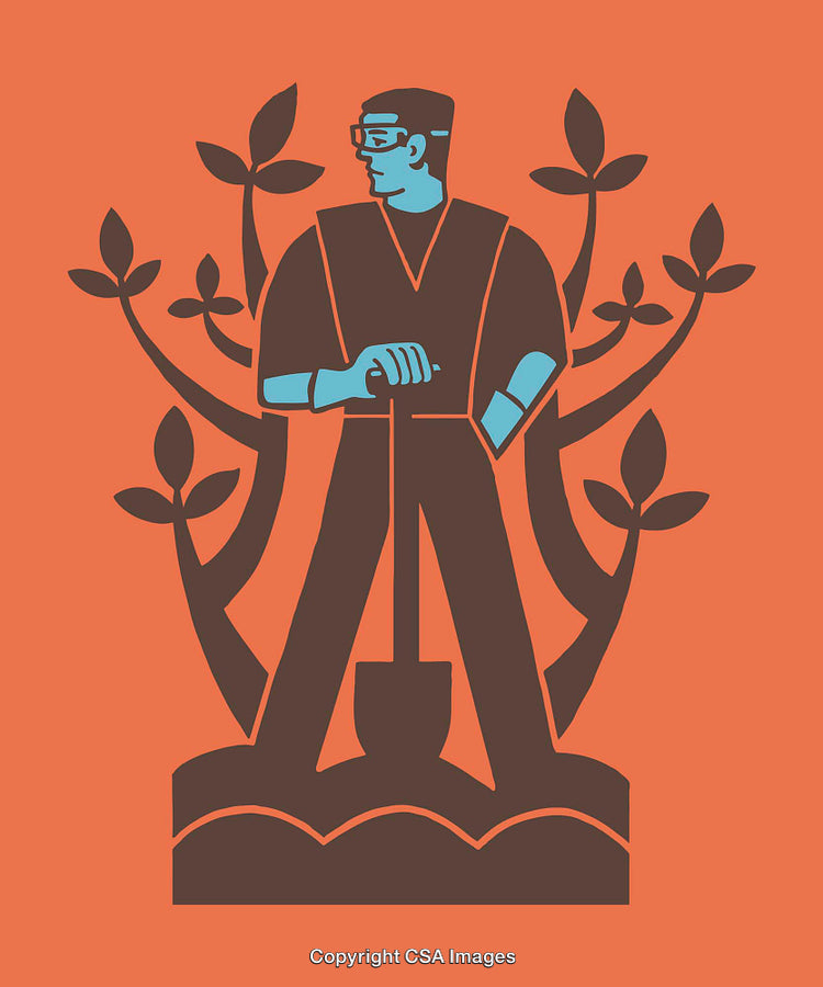 Illustration of a Man Gardening Against an Orange Background with Simple Design