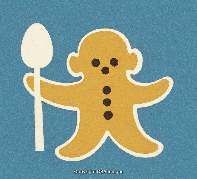Cute Gingerbread Character with Spoon on Bright Blue Background