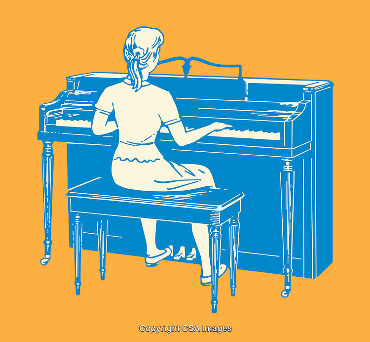 Vintage Illustration of a Woman Playing a Piano in Blue and Yellow