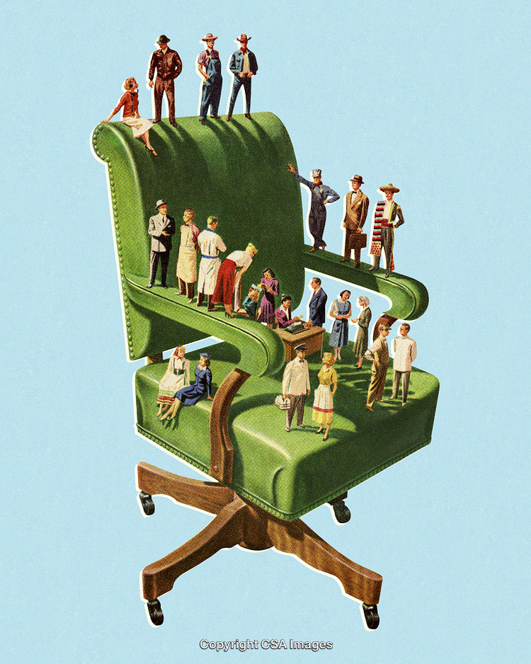 Surreal Concept of Miniature People on an Oversized Green Office Chair