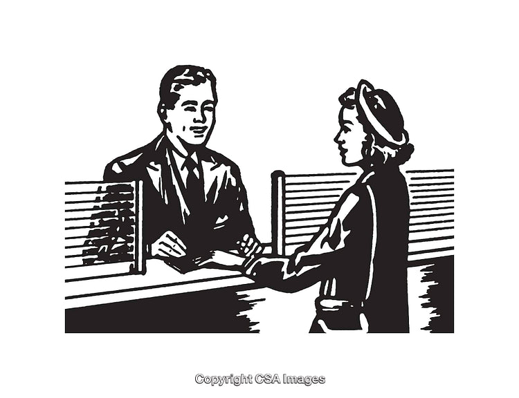 Illustration of a Customer and Bank Teller Exchange in a Retro Style