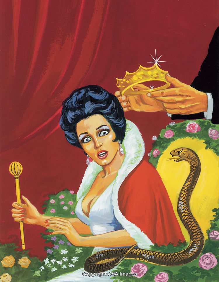 Woman in Royal Attire Surprised by Snake in Dramatic Scene