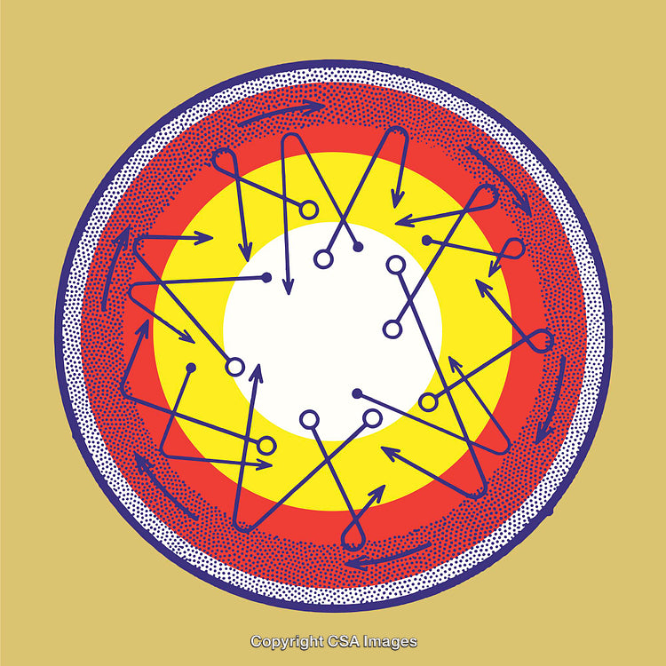 Abstract Circular Illustration Featuring Dynamic Arrows and Geometric Patterns
