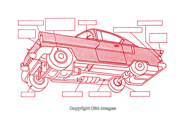 Detailed Vector Illustration of Classic Car with Highlighted Components and Annotations