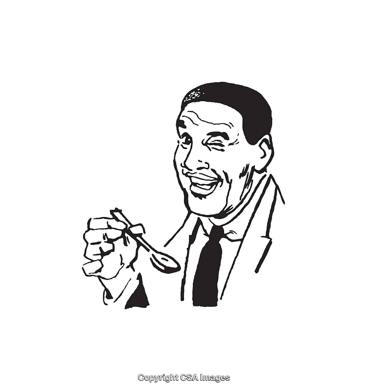 Retro Illustration of a Smiling Man Holding a Spoon in Black and White