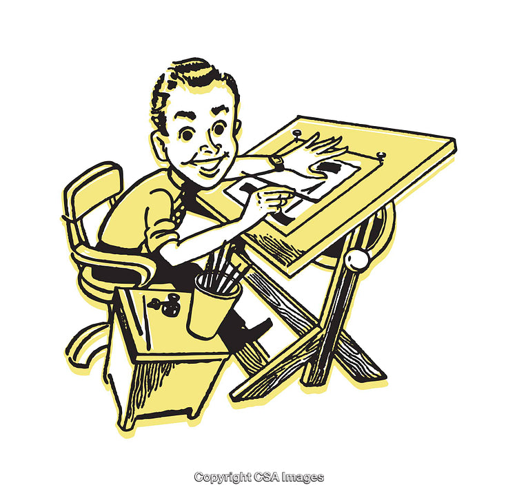 Retro Cartoon of an Artist at Work with Drawing Table and Supplies