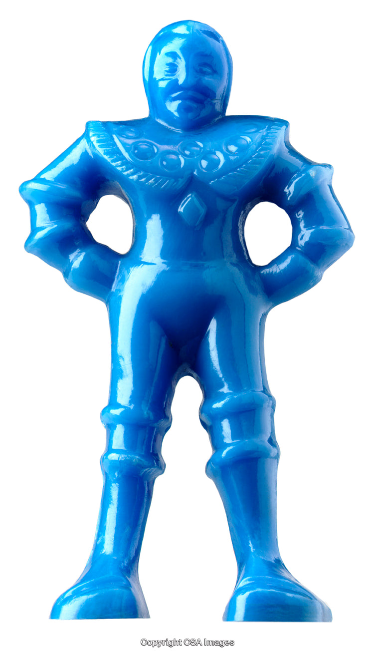 Blue Plastic Toy Figure with Hands on Hips in Detailed Costume