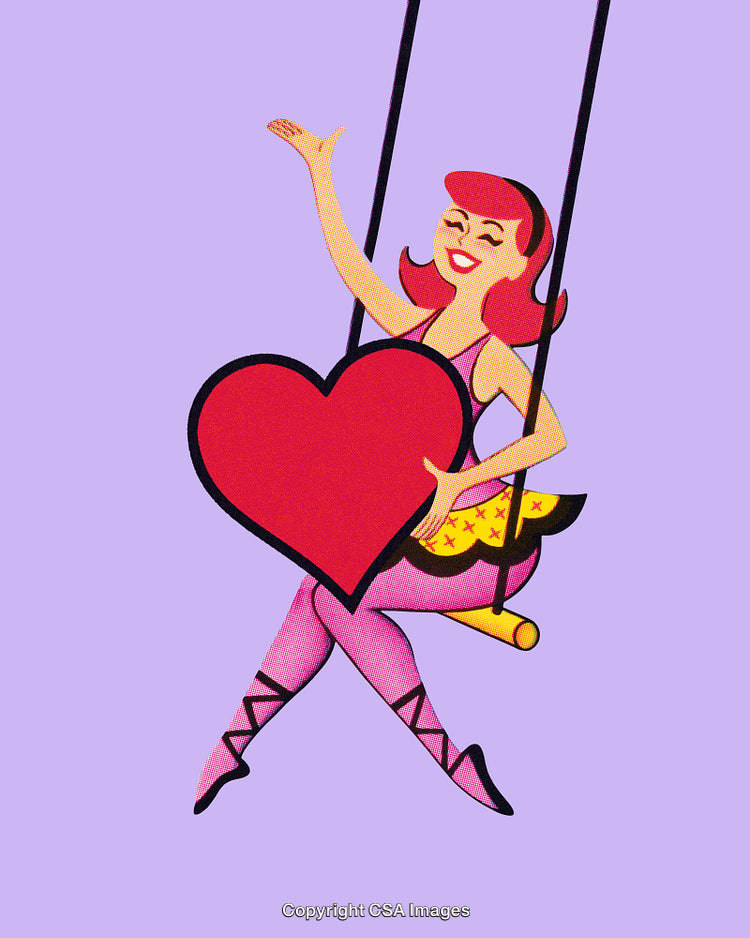 Cheerful Woman on Swing with Heart Shape Illustration in Retro Style