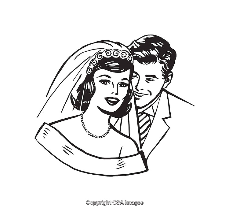 Retro Line Art Illustration of a Smiling Bride and Groom
