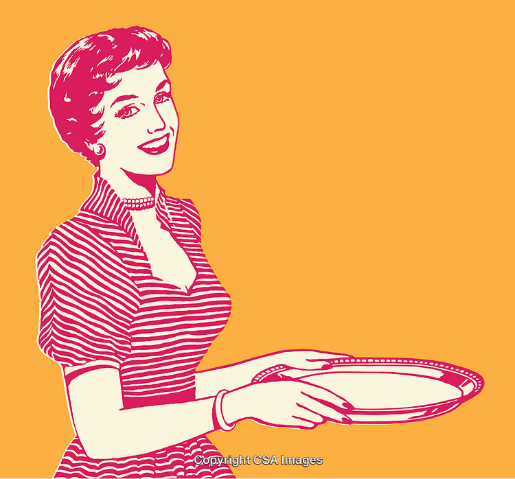 Vintage Pop Art Illustration of a Lady with a Plate on Orange Background