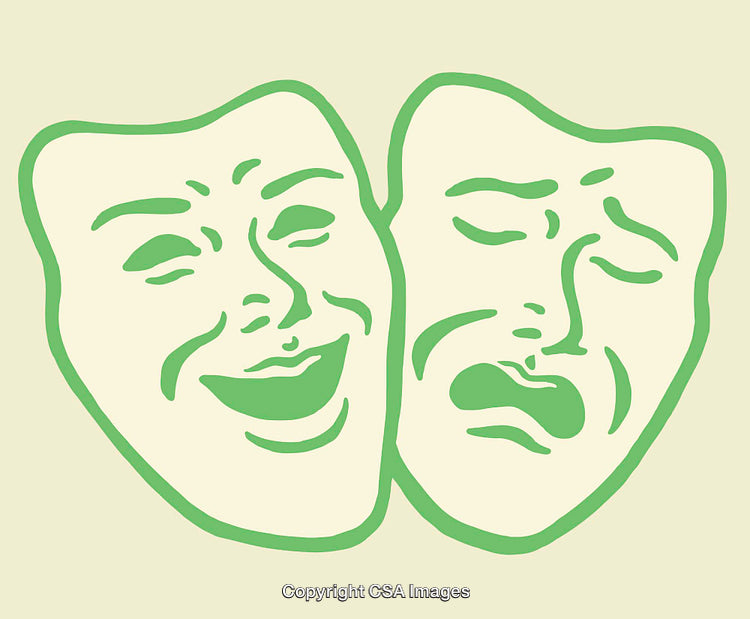 Green Theater Masks Featuring Comedy and Tragedy on Light Background