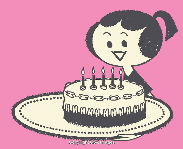 Cartoon Style Birthday Celebration with a Pink Background and Cake