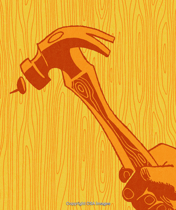 Illustration of a Hand Holding a Hammer with a Wooden Background