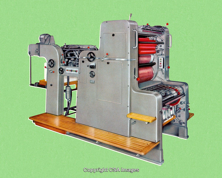 Vintage Printing Press in Retro Style with Green Background