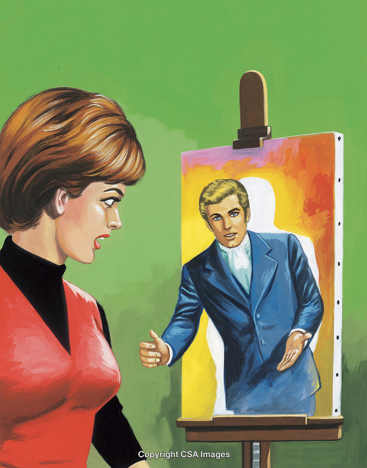 Vintage Illustration Woman Shocked by Painting of Man Coming Alive