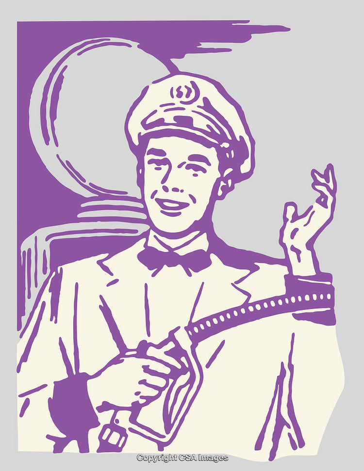 Retro Gas Station Attendant Illustration in Purple Line Art Style