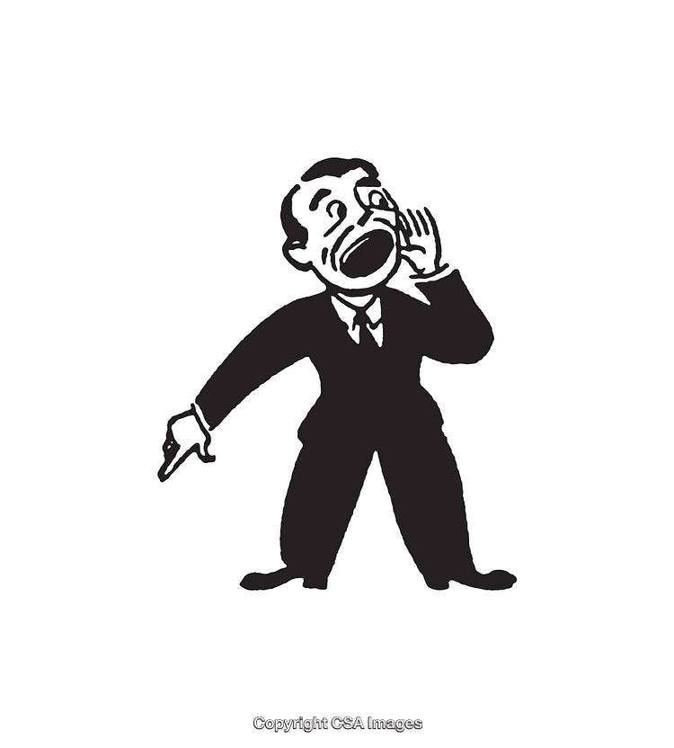Black-And-White Illustration of a Formal Retro Figure Shouting Aloud