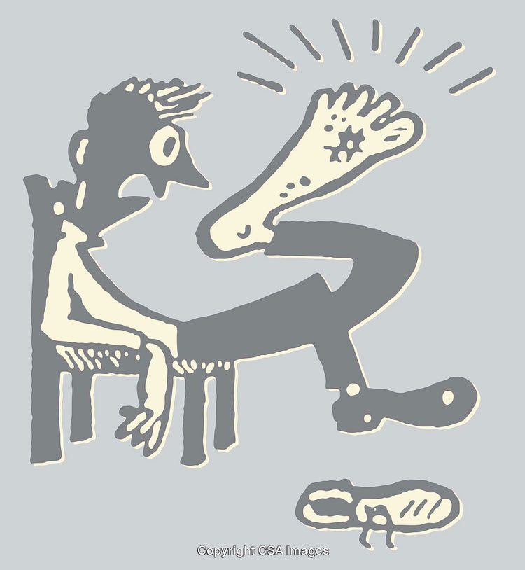 Humorous Illustration of a Surprised Character with an Oversized Foot