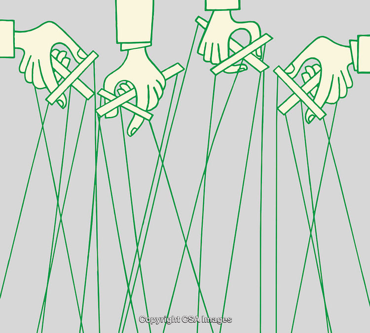 Green Line Art Depicting Hands Manipulating Strings in a Puppet-Like Fashion