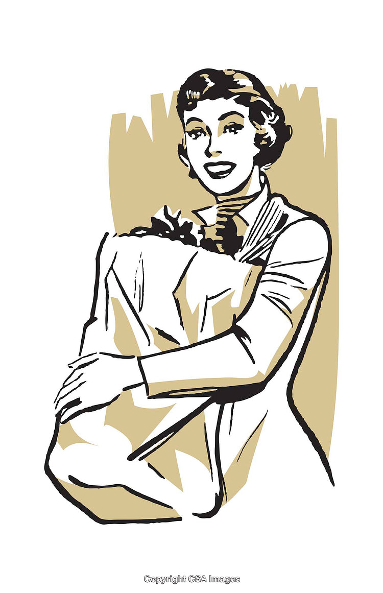 Retro Styled Woman Holding Grocery Bag in Vintage Illustration