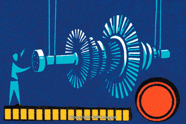 Colorful Illustration of Industrial Machinery Components Featuring a Turbine and Operator