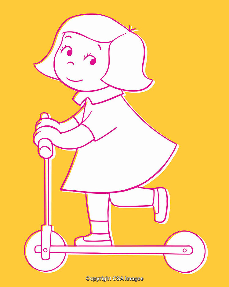 Colorful Line Art of a Girl Riding a Scooter on Yellow Background