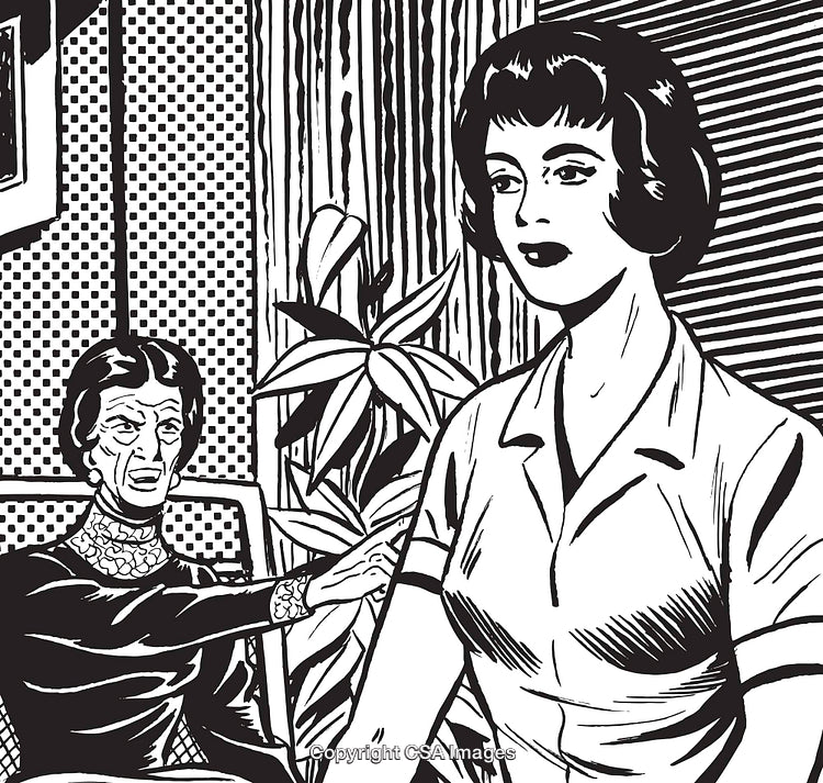 Retro Comic Illustration of Two Women Interacting in a Vintage Setting