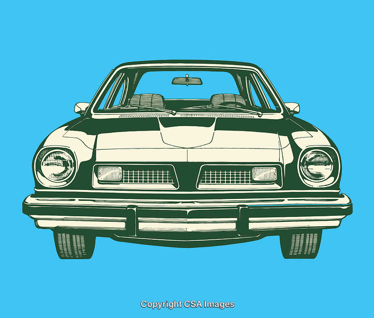 Retro Car Front Illustration on Blue Background - Vintage Automotive Line Art