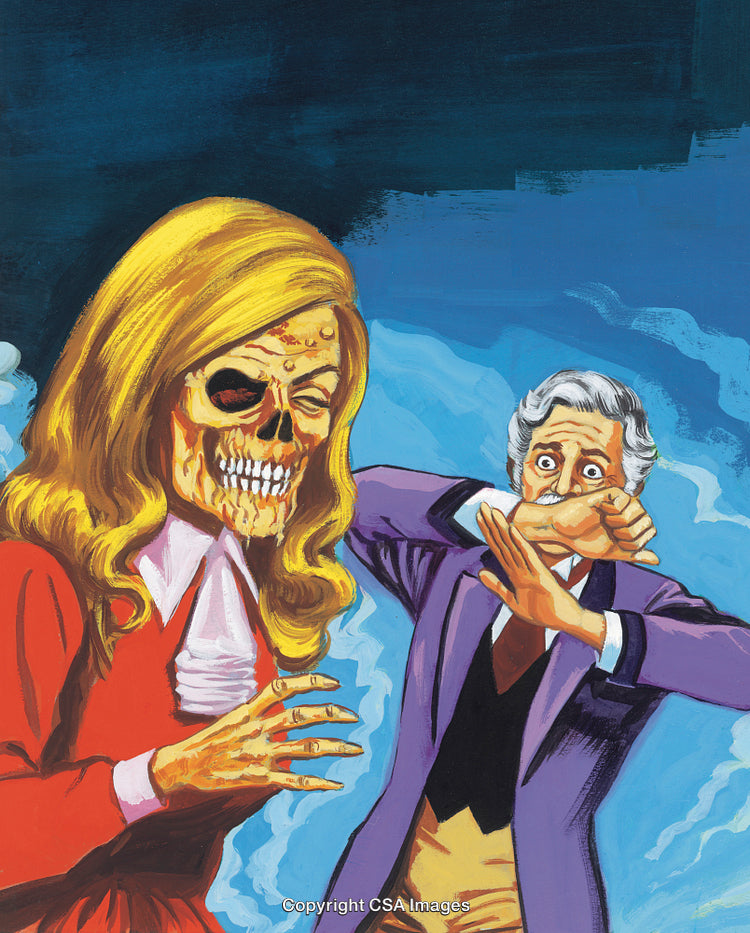 Dramatic Scene of a Skeletal Figure and a Frightened Man in Vibrant Colors