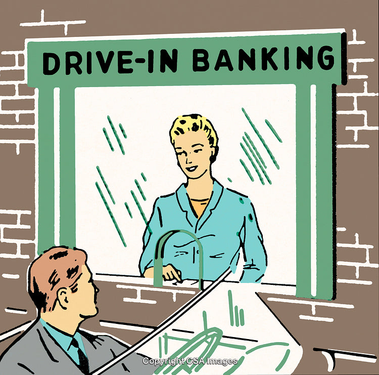 Illustrated Drive-In Banking Scene with Customer and Teller Interaction