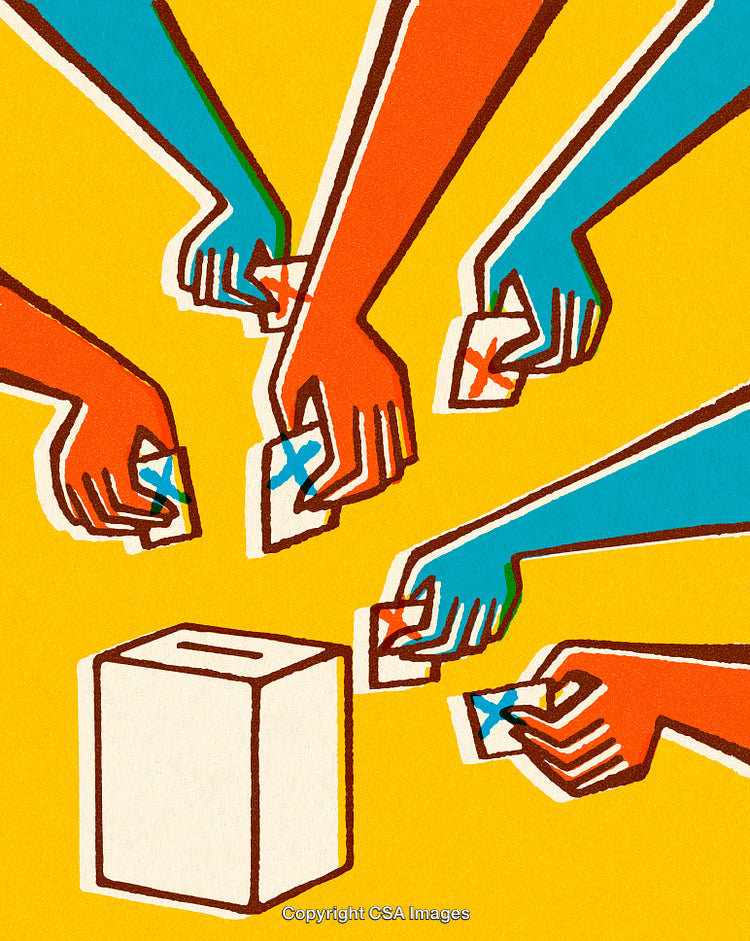 Colorful Illustration of Hands Casting Votes into a Ballot Box