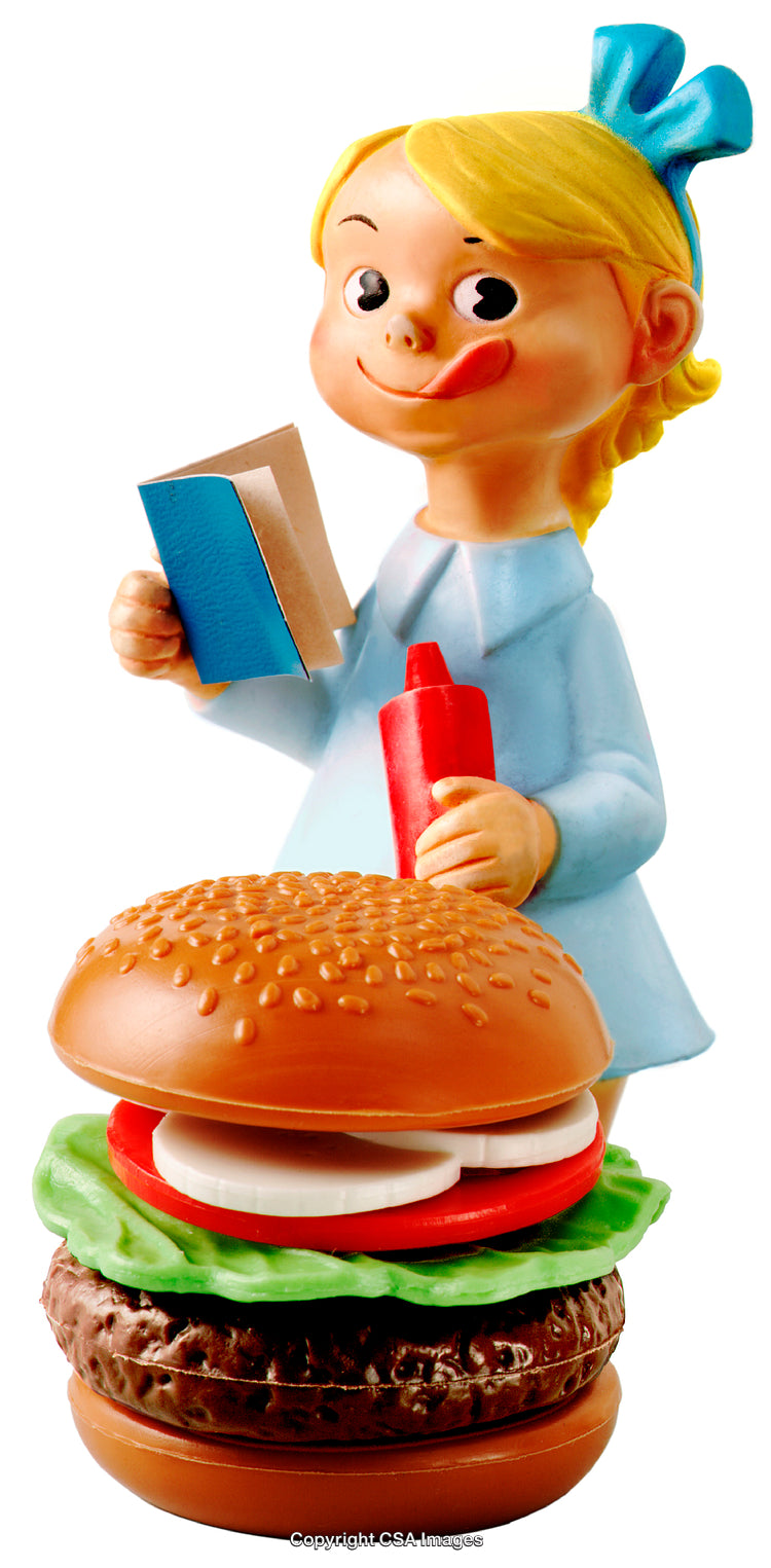 Plastic Toy Figure of a Girl with a Huge Burger and Ketchup Bottle