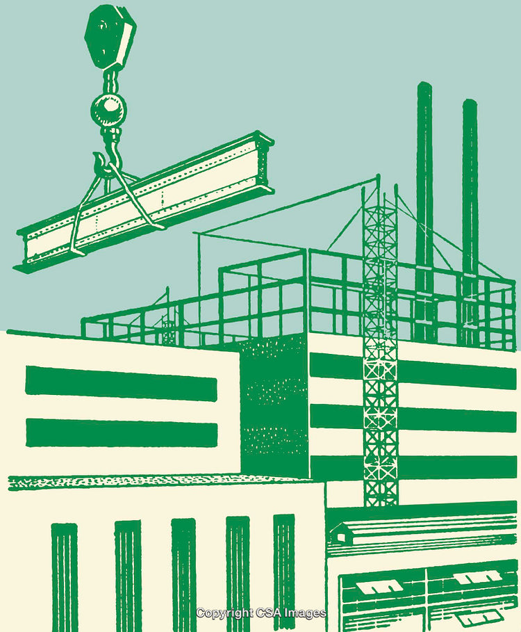 Illustration of an Industrial Construction Scene with a Steel Beam Being Lifted