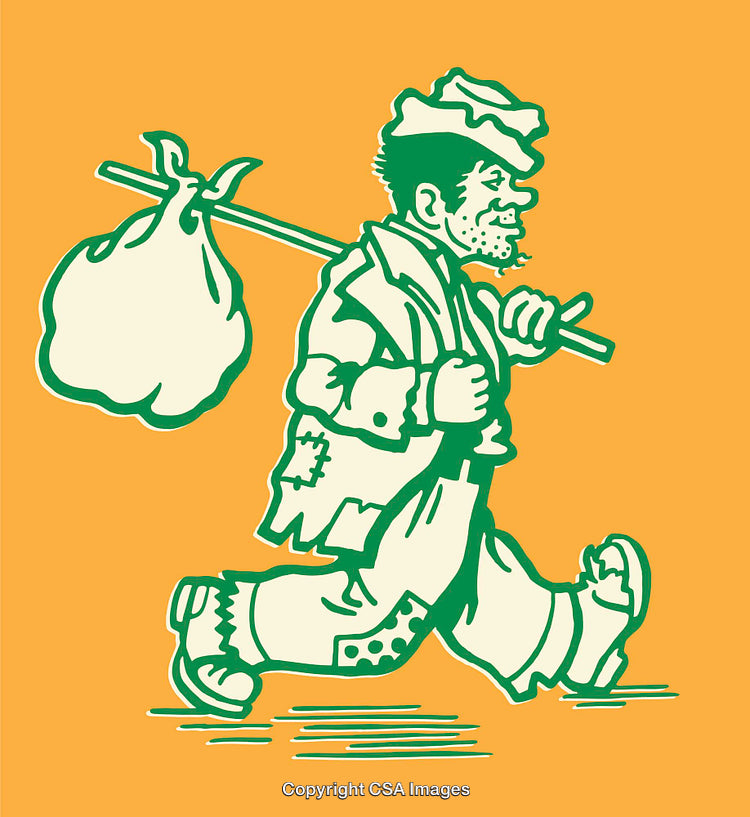 Color Illustration of a Wanderer with a Bundle on a Stick
