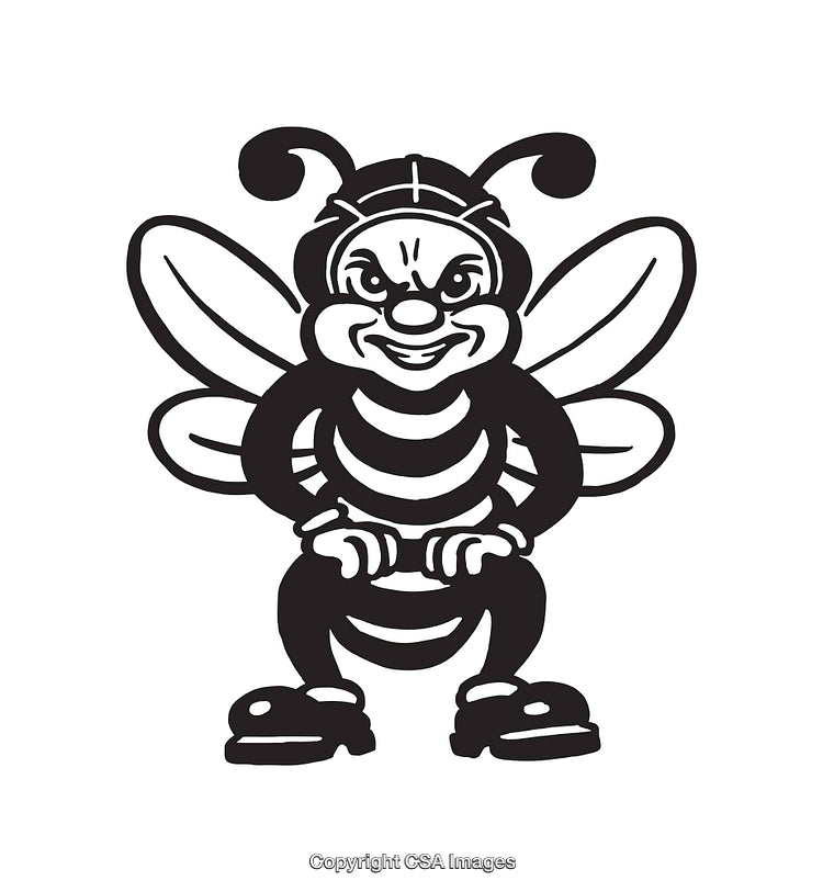 Black and White Illustration of a Cheerful Cartoon Bee in Shoes