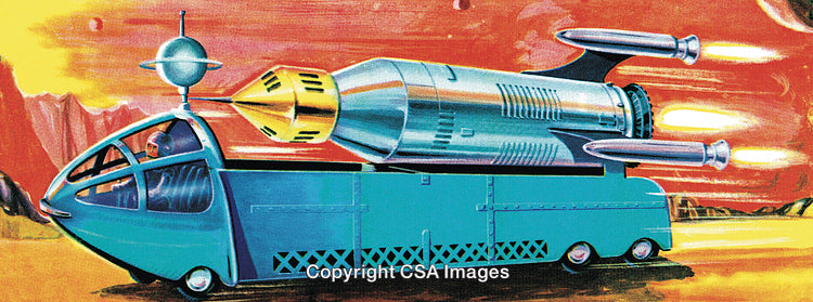 Retro Futuristic Vehicle in a Vibrant Outer Space Environment