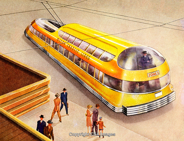 Retro Style Artwork of an Innovative Futuristic Public Transport Vehicle